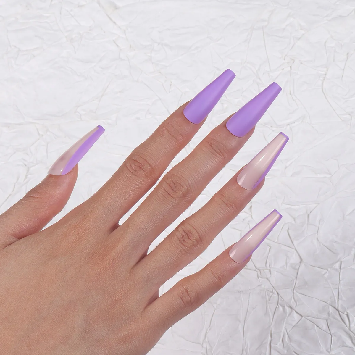 Long Coffin Press On Nails ABS Purple Matte French Side Line Design Artificial False Finger Nails For Women