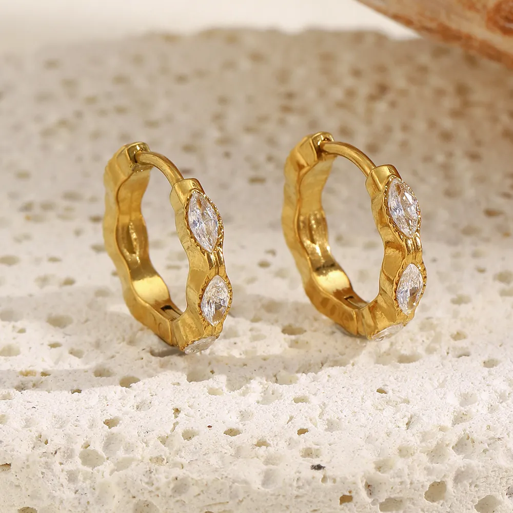 Marquise Cubic Zirconia Huggie Hoop Earrings 18K Gold Plated Stainless Steel Wave Textured Elegant Jewelry For Women