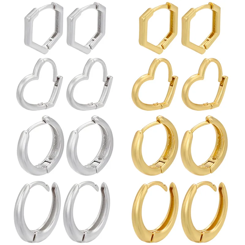 Geometric Copper Rhinestone Huggie Hoop Earrings Simple Heart Round Hexagon Metal Ear Buckles For Women Minimalist Jewelry