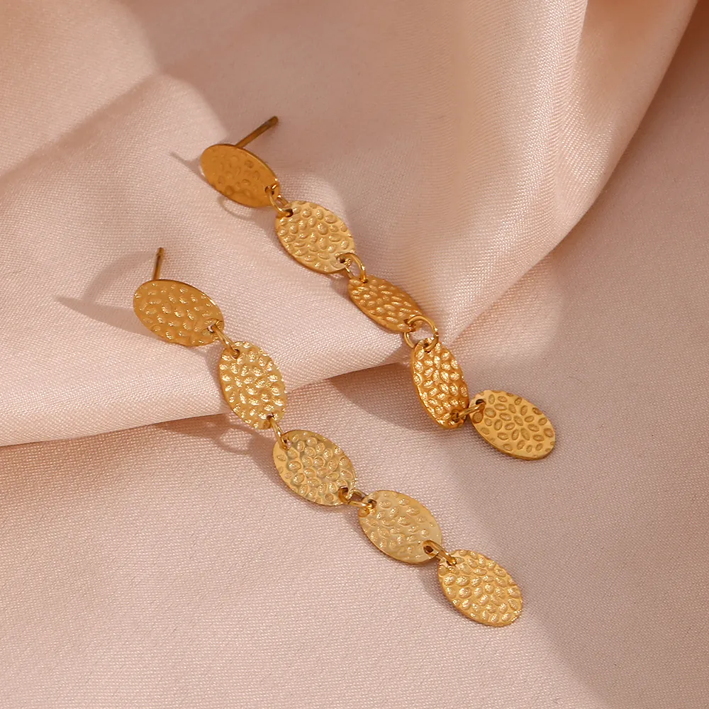 Boucles D'oreilles Longues Pendantes Disque Ovale Martelées En Acier Inoxydable Plaqué Or 18K Bijoux Géométriques