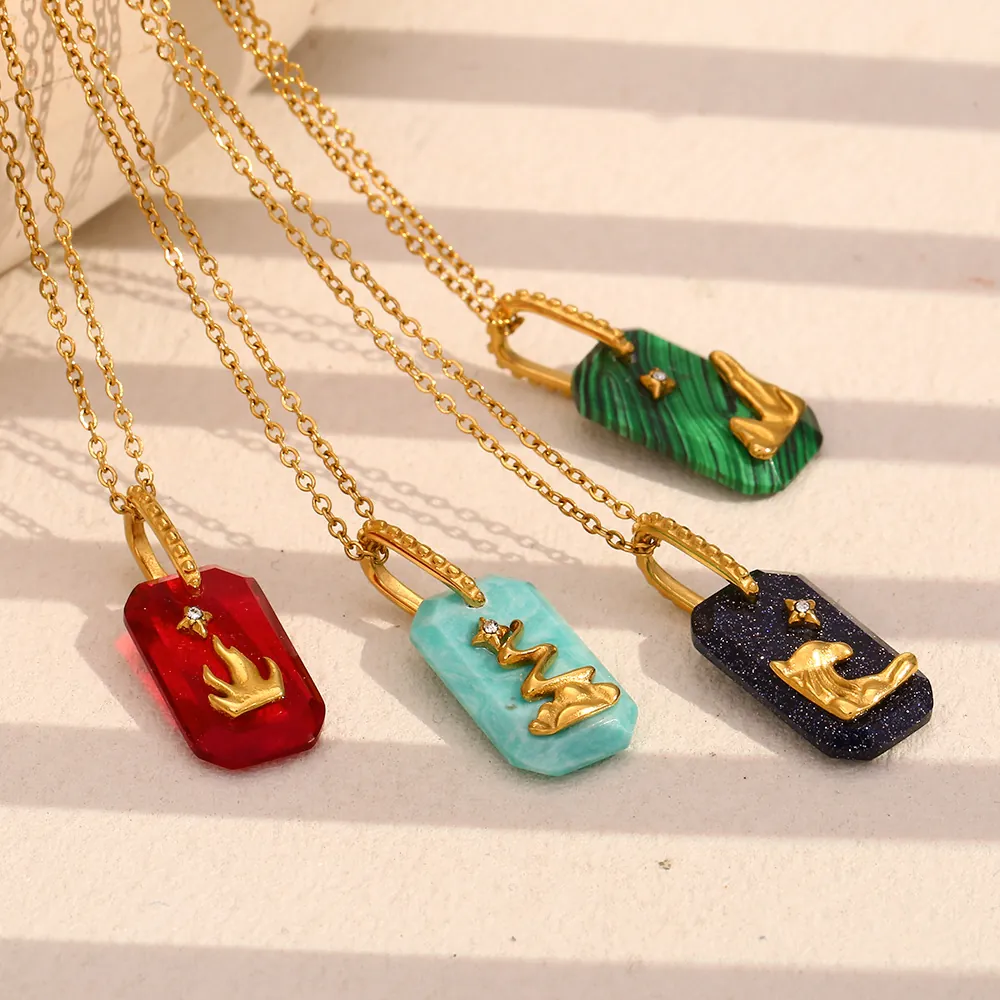 Stainless Steel Pendant Necklace 18K Gold Plated Vintage Rectangular Acrylic Stone Star Mountain Pattern Jewelry For Women