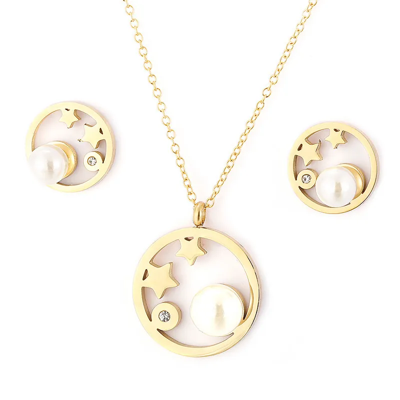 Acier Inoxydable Collier Boucles Oreilles Rond Creux Étoile Lune Imitation Künstliche Perle Zircone Cubique Bijoux Femme Mode Simple