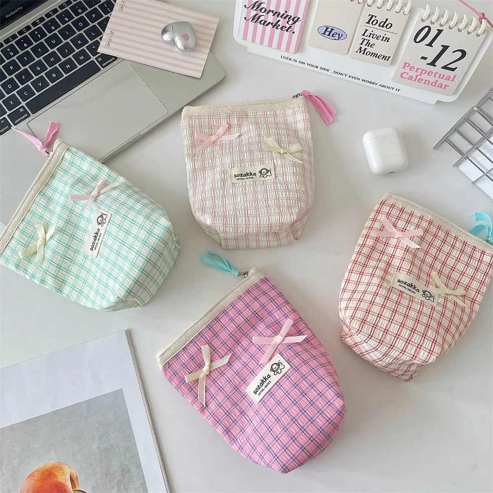Plaid Bow Cosmetic Bag Polyester Puckered Fabric Travel Toiletry Pouch Cute Japanese Style Organizer Bag