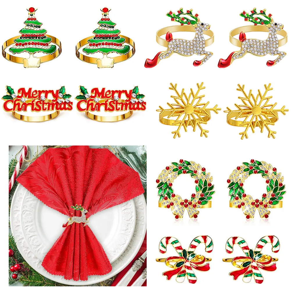 Christmas Napkin Rings Metal Alloy Reindeer Snowflake Tree Rhinestone Enamel Table Decorative Accessories For Holiday Dinners