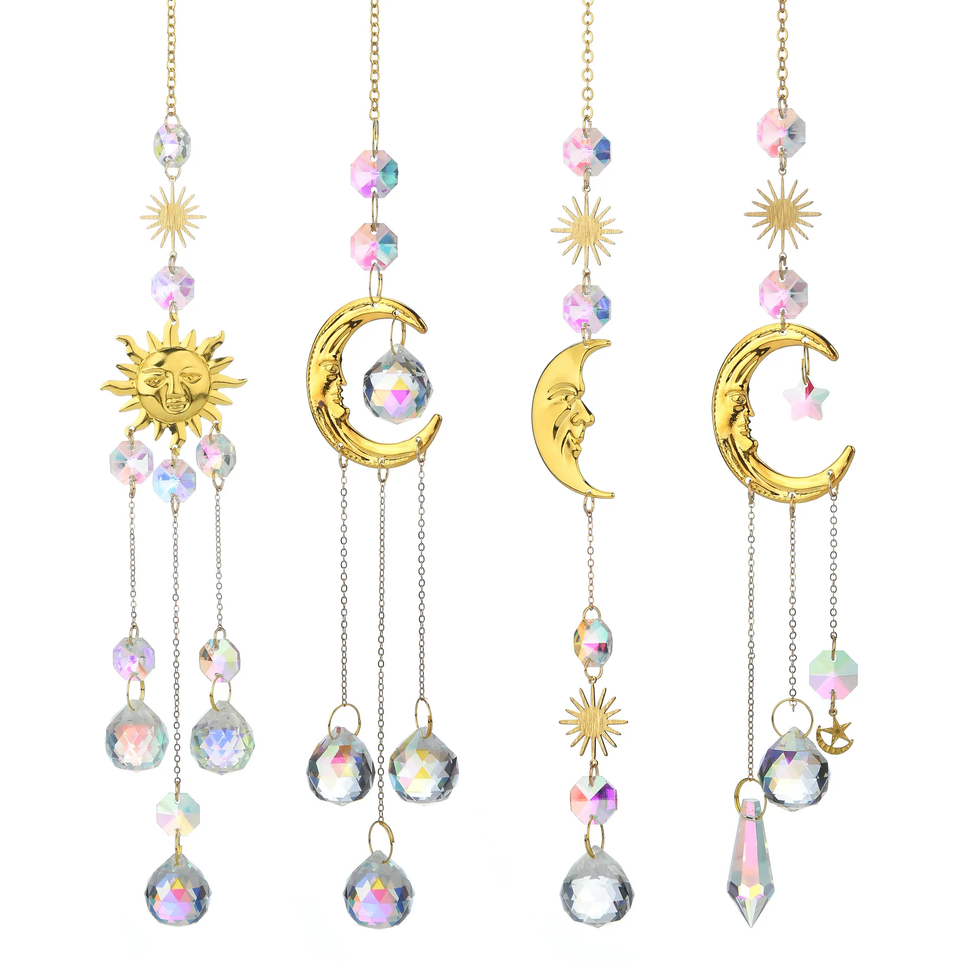 Crystal Suncatcher Hanging Ornament With Metal Sun And Moon Rainbow Maker Prism For Window Garden Decor Boho Style