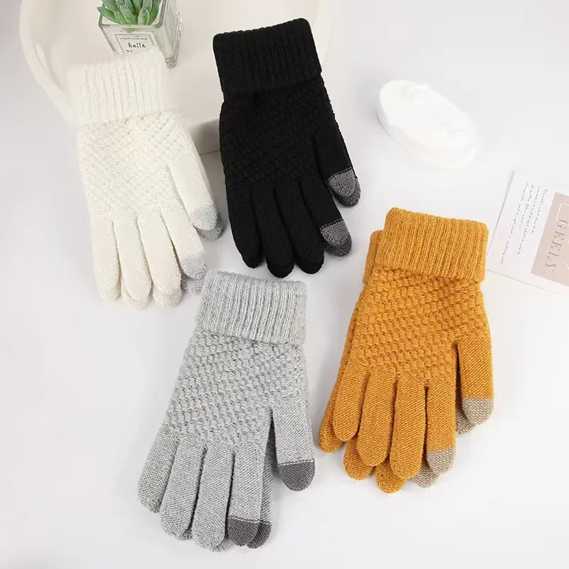 Winter Knitted Gloves Fleece Lined Warm Touch Screen Thickened Outdoor Cycling Cold Protection Korean Style For Women And Men