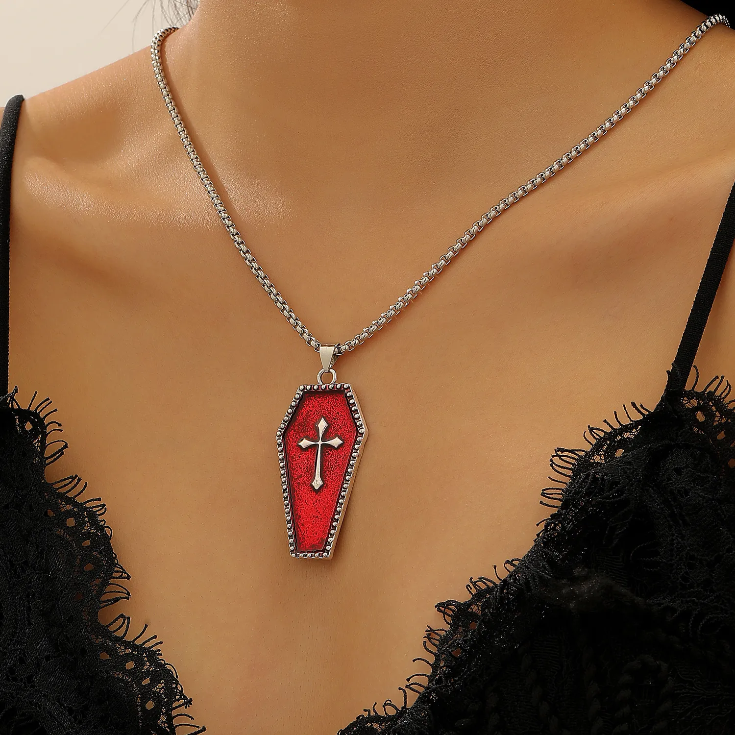 Gothic Coffin Cross Pendant Necklace Halloween Vampire Dark Punk Zinc Alloy Jewelry Box Chain Necklace For Men Women