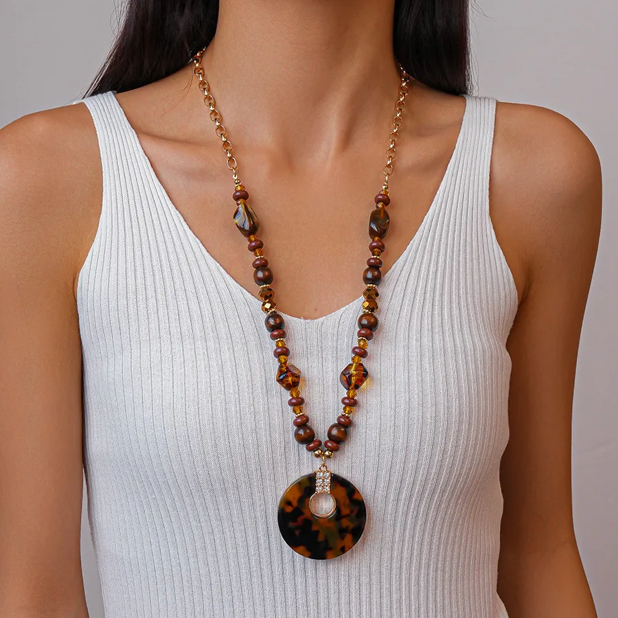 Collier Long À Pendentif Perlé Vintage Avec Perles En Bois Alliage Et Imprimé Léopard Écaille Acrylique Pour Femmes