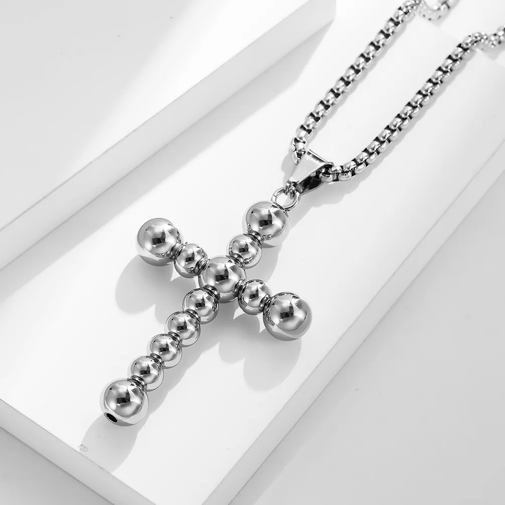 Collana con Pendente a Croce in Grani di Acciaio Inossidabile per Uomo Donna Gioielli in Stile Hip Hop Street Regalo Fascino Religioso