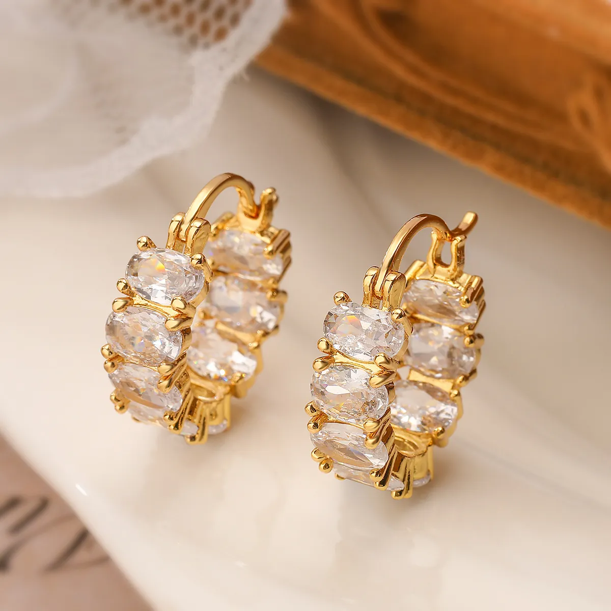 Geometric Hoop Earrings Copper 18K Gold Plated Oval Zircon Luxury Fashion Western Style For Women