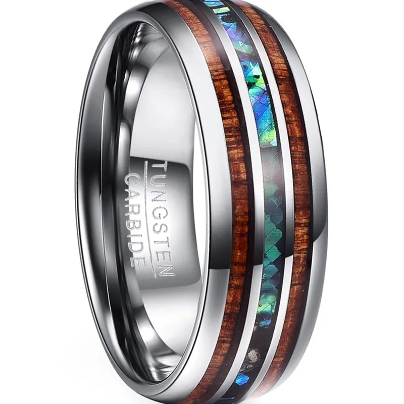 Bague En Carbure De Tungstène Pour Homme Poli Bois D'Acacia Et Incrustation De Coquille D'Abalone Bijoux Rétro