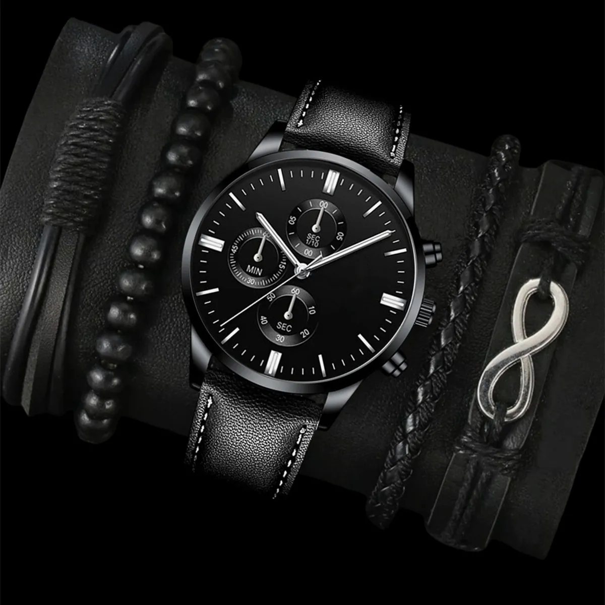Men Business Fashion Quartz Watch And Bracelet Set Leather Strap Three Eye Dial Men Gift Box Set With Wallet Bracelet