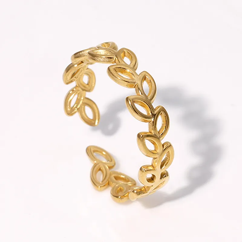 Anello Aperto In Acciaio Inossidabile Foglia Di Ulivo Traforato Regolabile Gioielli Minimalisti Da Donna