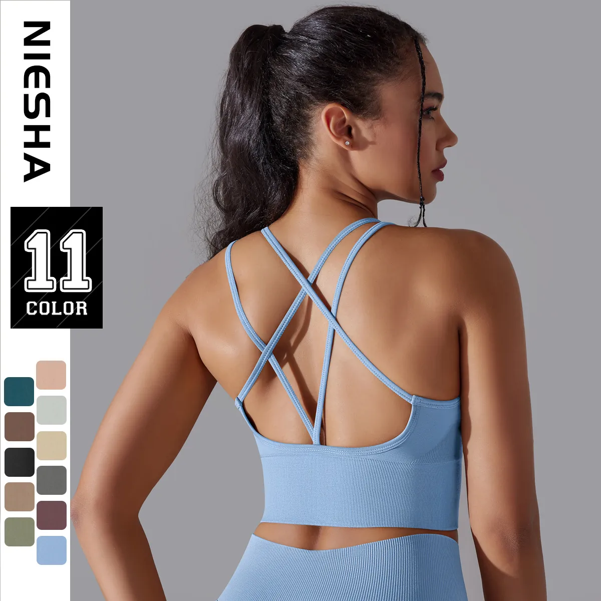Soutien-gorge de Sport Femme Haute Intensité Sans Couture Côtes Dos Croisé Soutien-gorge Yoga Fitness Crop Top Tank