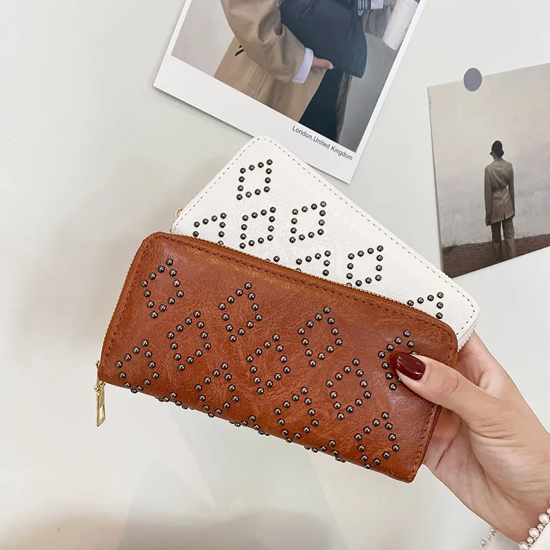 Damen Geldbörse Lang PU Leder Reißverschluss Portemonnaie Mode Nieten Diamantmuster Große Kapazität Kartenhalter Clutch Tasche