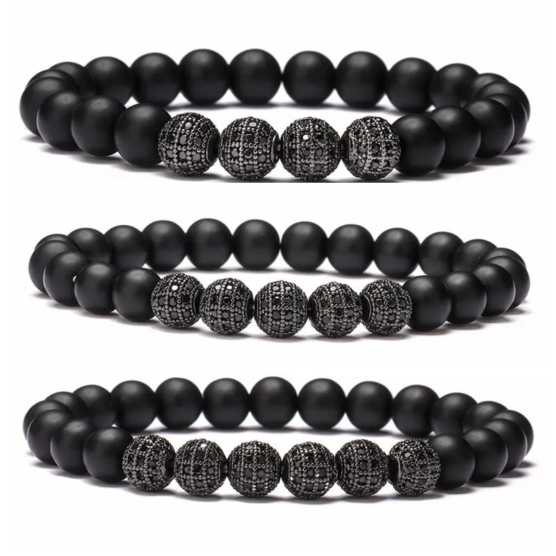 Herren Perlenarmband Matte Schwarze Achat Mit Micro Pave Zirkonia Disco Kugel Elastisch Hip Hop Schmuck