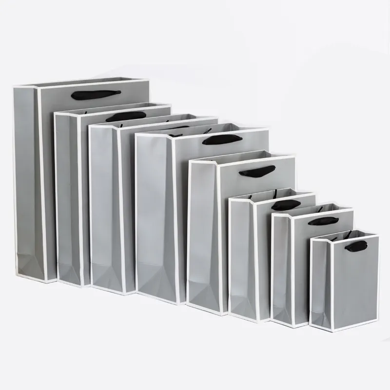 Gray Gift Paper Bags White Cardboard Shopping Handbags With Black Handles For Boutique Jewelry Clothing Gifting Elegant