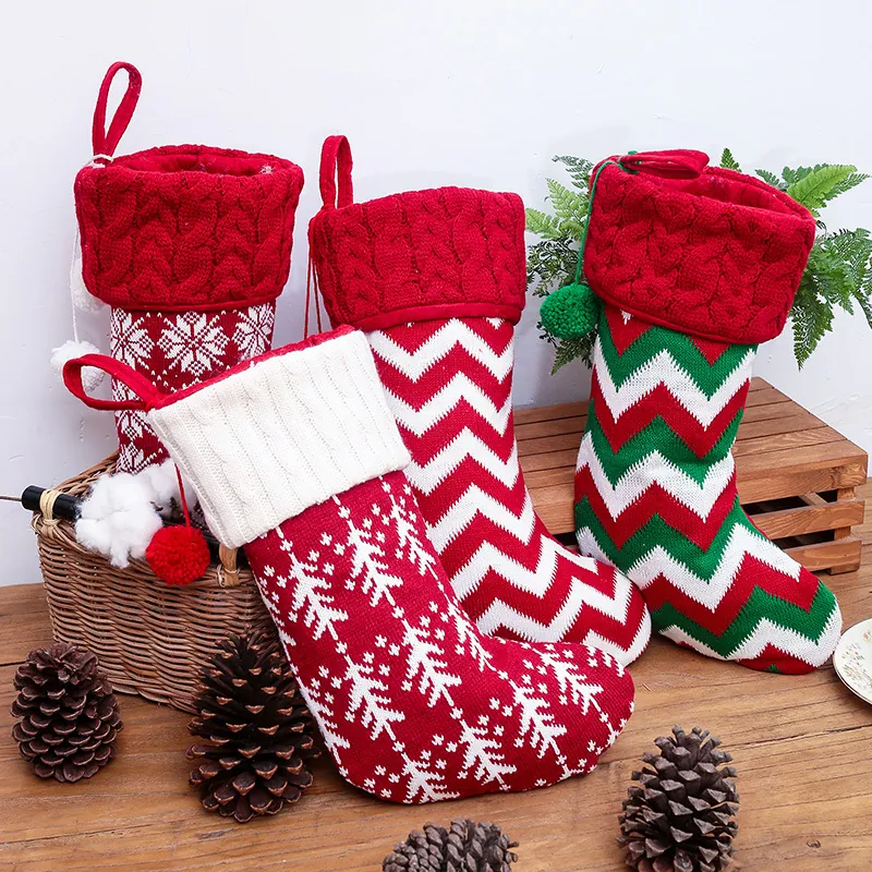 Christmas Stockings Knitted Soft Holiday Fireplace Hanging Decorations Reindeer Snowflake Tree Patterns Pom Poms Nordic