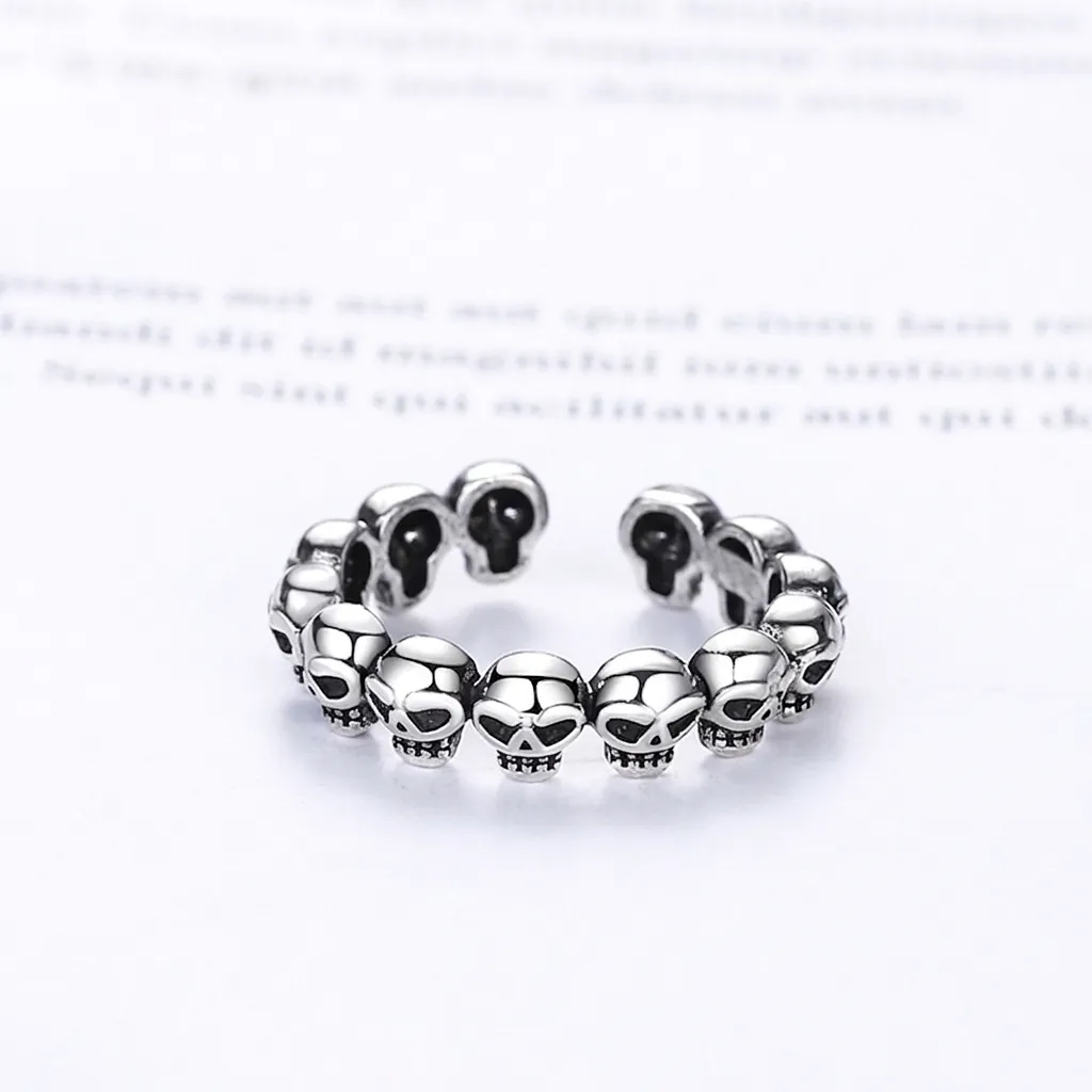 Skull Ring For Men Women Vintage Gothic Punk Style Multiple Skulls Copper Open Adjustable Band Retro Oxidized Jewelry