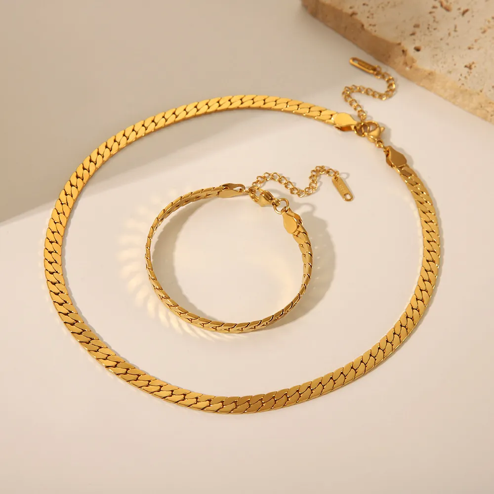 Collier Et Bracelet À Chaîne Serpent Plate En Acier Inoxydable Plaqué Or Maillons Chevrons Bijoux Minimalistes Hommes Femmes Étanche