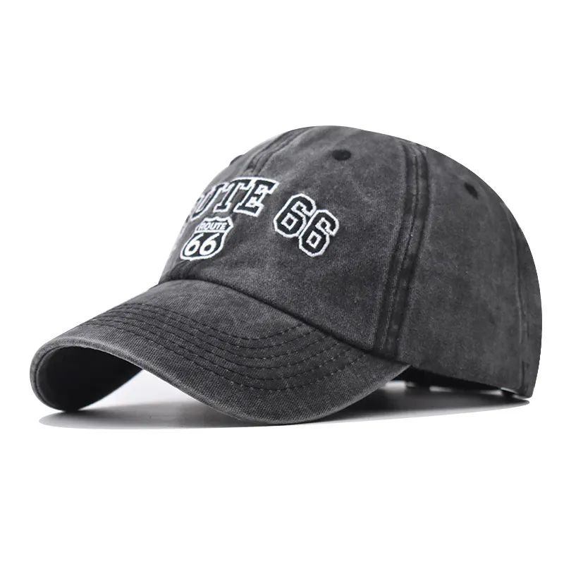 Baseball Cap Washed Cotton Embroidered Route 66 Retro Distressed Adjustable Sun Hat For Men Women