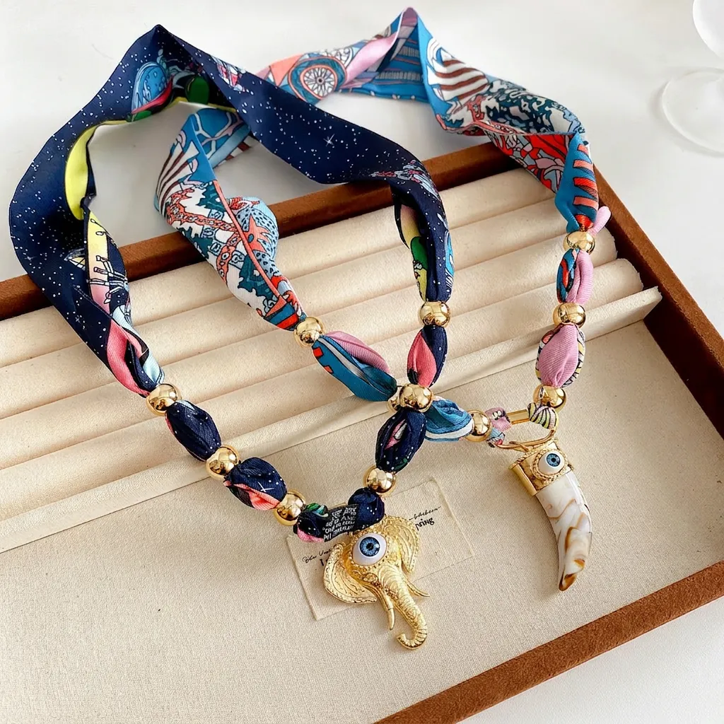 Collana Sciarpa Bohémien Con Ciondolo Elefante Corno Malocchio Tessuto Perle Dorate Gioielli Etnici Per Donne