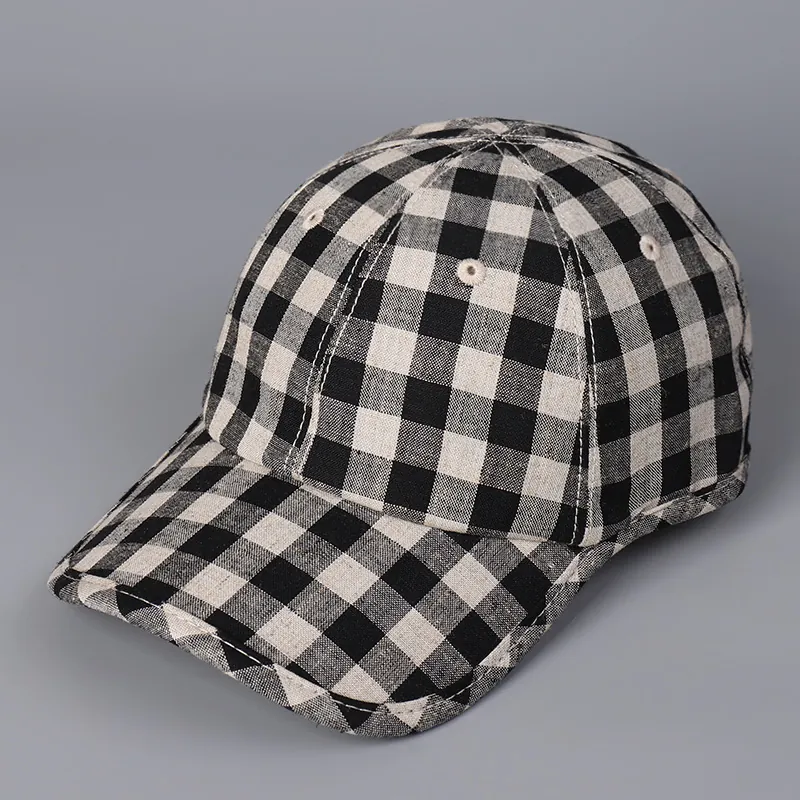 Plaid Baseball Cap Lyocell Linen Blend Breathable Sunshade Hat Adjustable Retro Gingham Peak Cap For Women And Men