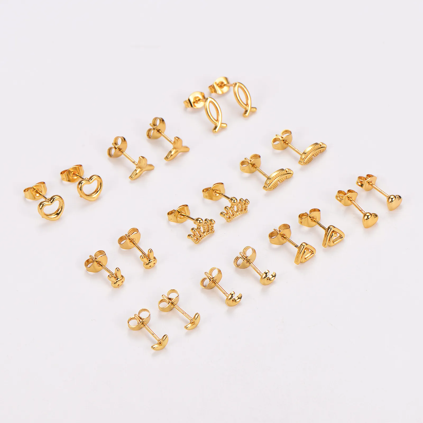 Stainless Steel Stud Earrings Gold Plated Heart Crown Leaf Shape Small Sweet Jewelry For Women Student Accessory