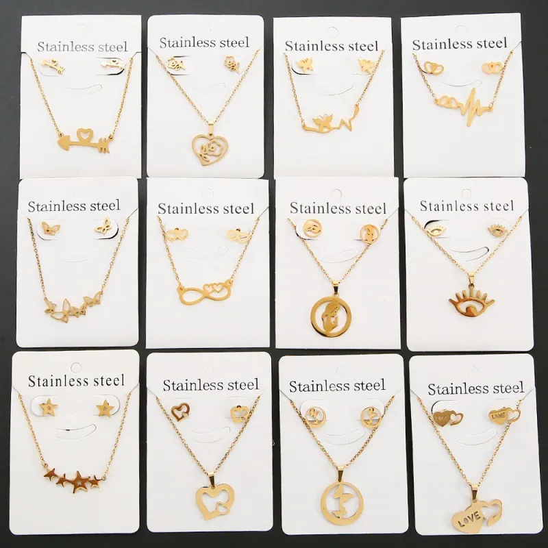 Necklace And Stud Earrings Stainless Steel Gold Plated Heart Star Butterfly Pendant Fashion Jewelry For Women