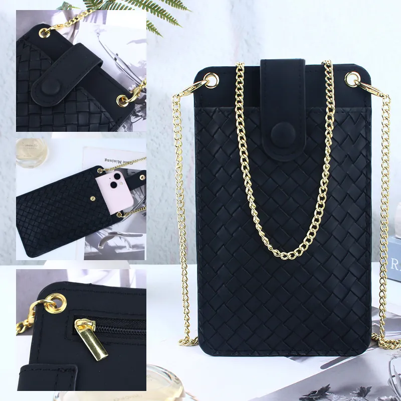 Sac De Téléphone Portable En Cuir PU Tissé Mini Sac À Bandoulière Vertical Avec Chaîne En Métal Pochette Chic