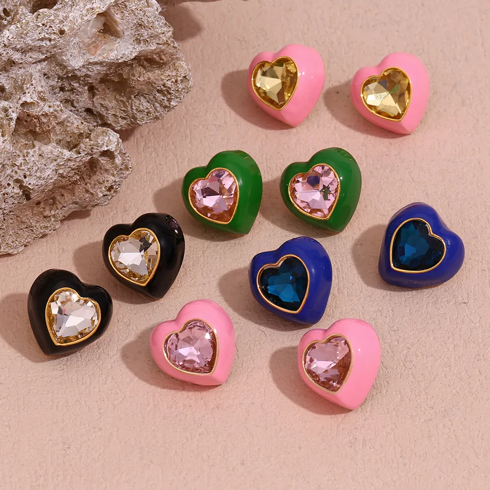 Boucles d'Oreilles Clous en Acier Inoxydable Émail Cœur Plaqué Or 18K Strass Incrusté Boucles d'Oreilles Cœur Femme