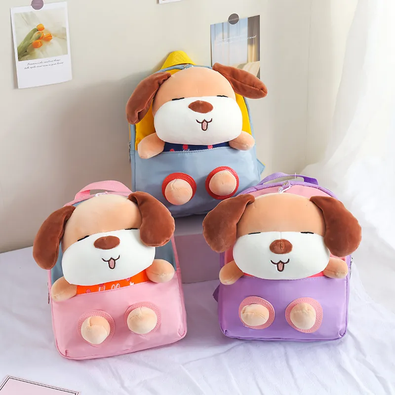 Zaino Bambini Nylon Impermeabile Con Cane Di Peluche 3D Cartone Animato Scuola Materna Leggero Traspirante Carino
