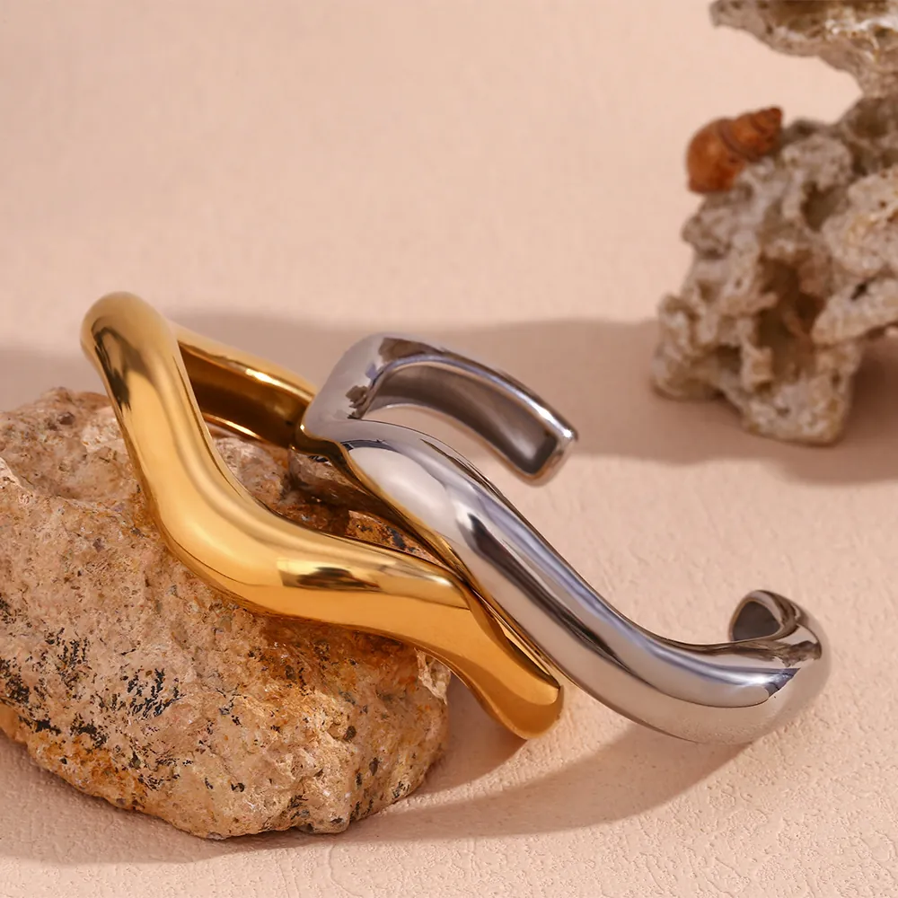 Minimalist Stainless Steel 18K Gold Plated Open Cuff Bracelet For Women Irregular Liquid Wave Design Fashion Jewelry
