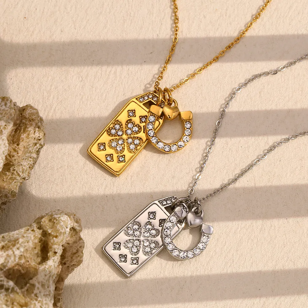 Stainless Steel Horseshoe Pendant Necklace 18K Gold Plated Square Tag Four Leaf Clover Heart Rhinestone Fashion Women
