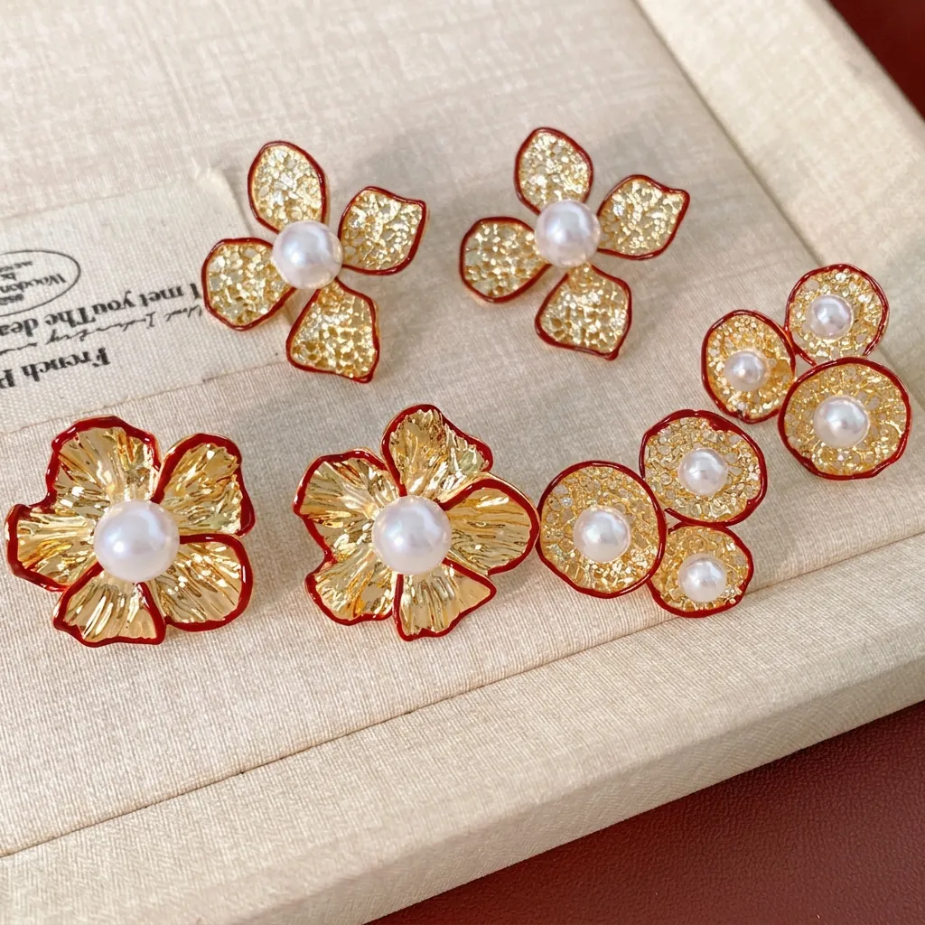 Vintage Blumen Künstliche Perlen Ohrstecker Kupfer Zirkon Hohlspitze Rote Emaille Floral Schmuck Für Damen Mit Silbernem Ohrstecker