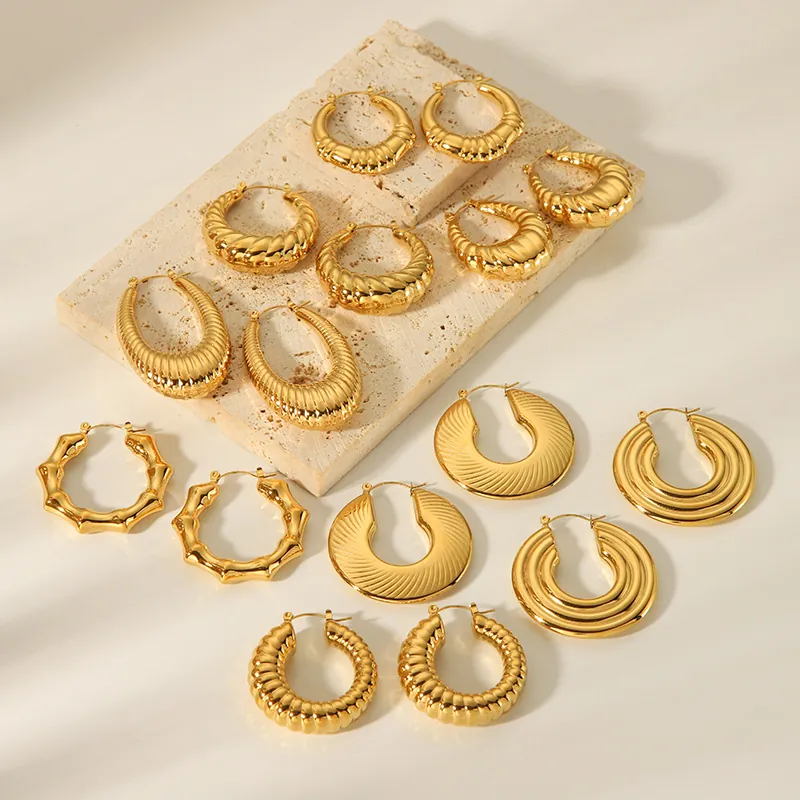 Boucles d'Oreilles Créoles en Acier Inoxydable 304 Plaqué Or 18K Vintage pour Femmes Hypoallergénique Imperméable Bijoux