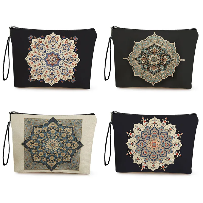 Mandala Geometric Print Cosmetic Bag Linen Fabric Makeup Pouch With Zipper Wristlet Strap Travel Toiletry Organizer For Women
