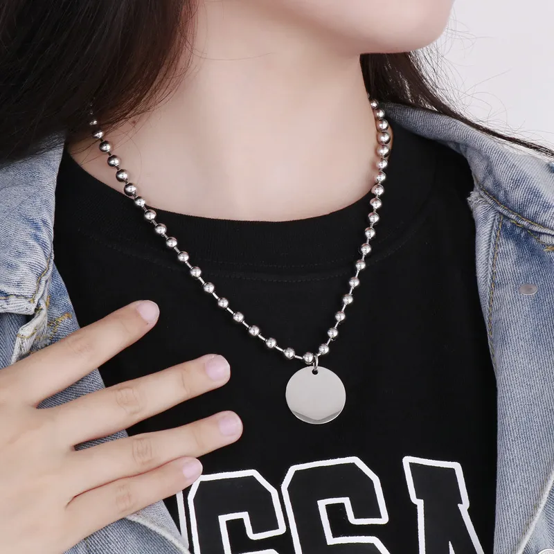 Collier Pendentif Disque Rond Acier Inoxydable Chaîne Billes Bijoux Hip Hop Streetwear Pour Femmes Hommes
