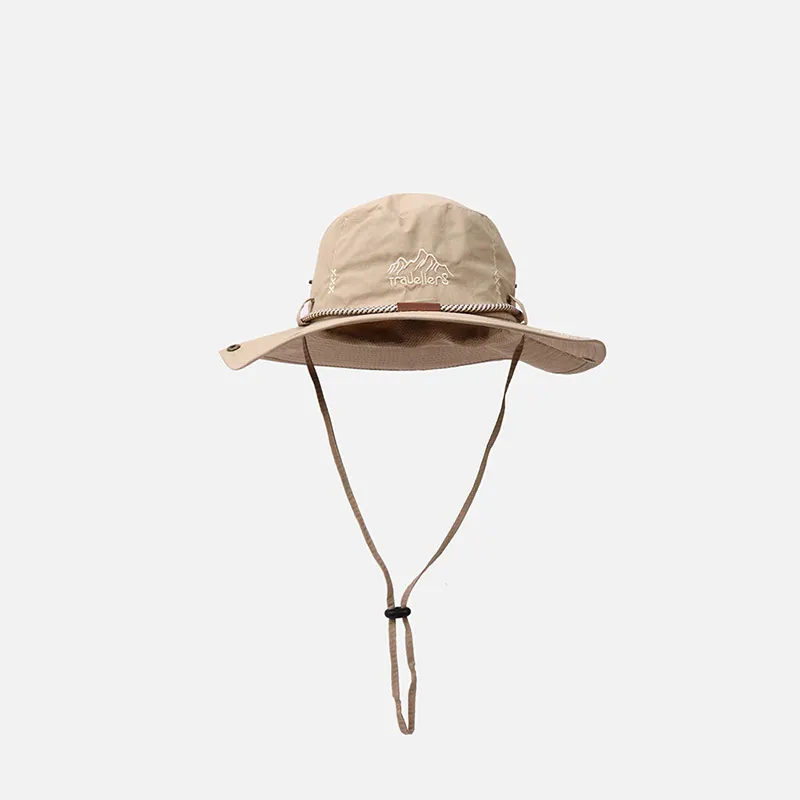 Chapeau De Soleil Bob De Plein Air Bord Large Polyester Respirant Cordon Coupe-Vent Randonnée Pêche Style Cowboy Occidental Unisexe
