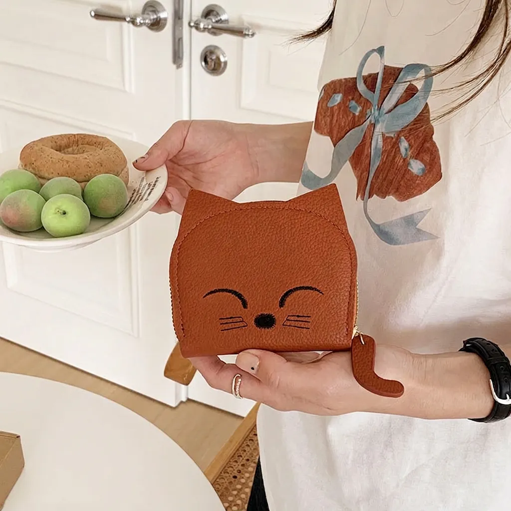 Cute Cat Shaped Coin Purse PU Leather Lychee Pattern Card Holder With Tail Zipper Pull Accordion Wallet For Women