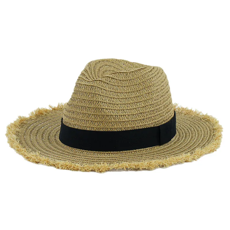 Wide Brim Straw Sun Hat Fringed Edge Paper Straw Beach Summer Panama Fedora Style Breathable For Women
