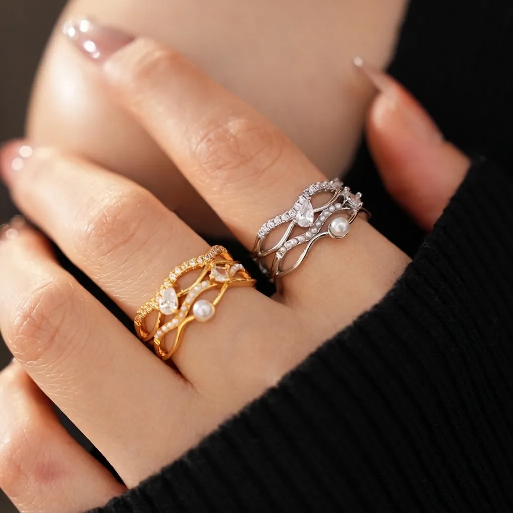 Eleganter Mehrlagiger Wellenring Verstellbar Kupfer Zirkon Künstliche Perle 18K Vergoldet Französischer Luxus Für Damen