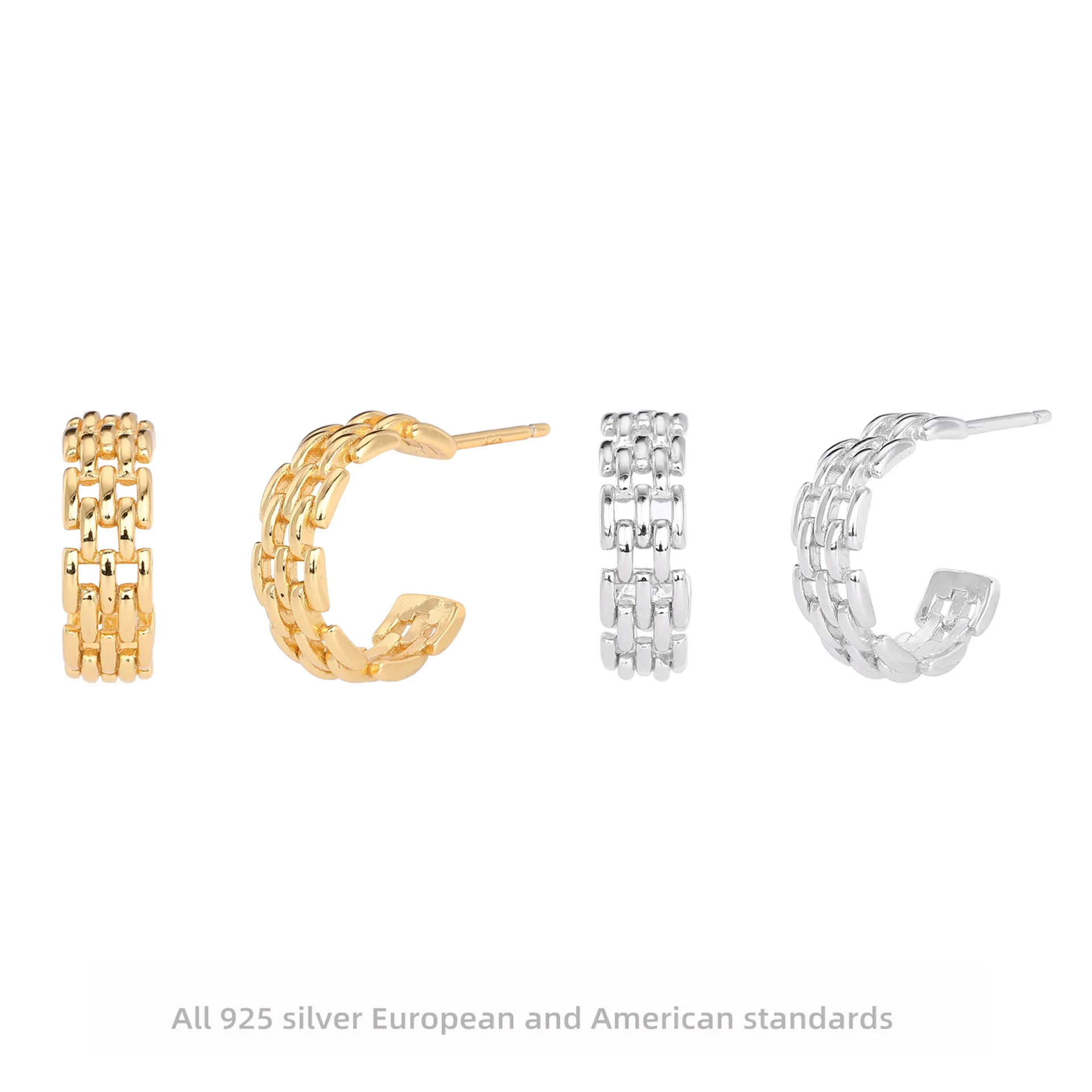 925 Sterling Silver Stud Earrings Twist Woven Chain Design Geometric C Shape Plated Fashion Jewelry For Women