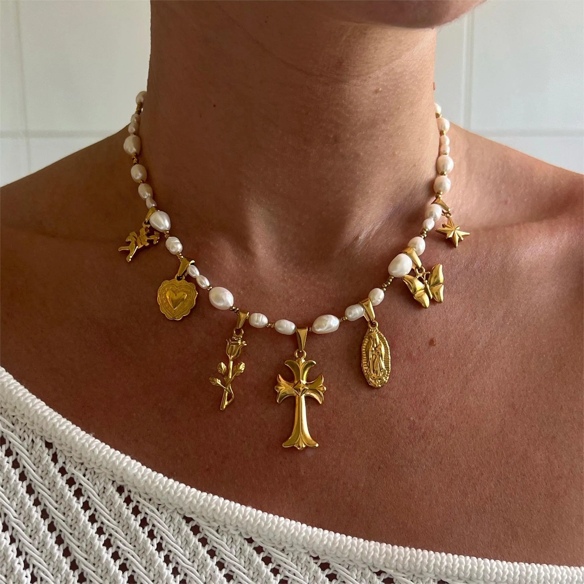 Summer Beach Style Shell Starfish Titanium Steel Necklace For Women Vintage Cross Heart Pendant Necklace Gold Electroplated Jewelry