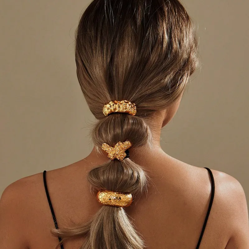 Irregular Metal Hair Ties Vintage Hammered Texture Elastic Ponytail Holder Elegant Minimalist Headwear For Women Girls