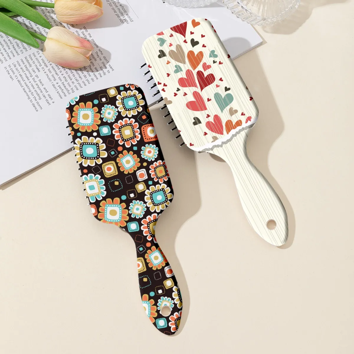 Vintage Blumenmuster Luftkissen Haarbürste Tragbare ABS Entwirrende Massage Kamm Für Tägliches Haarstyling Herzmuster