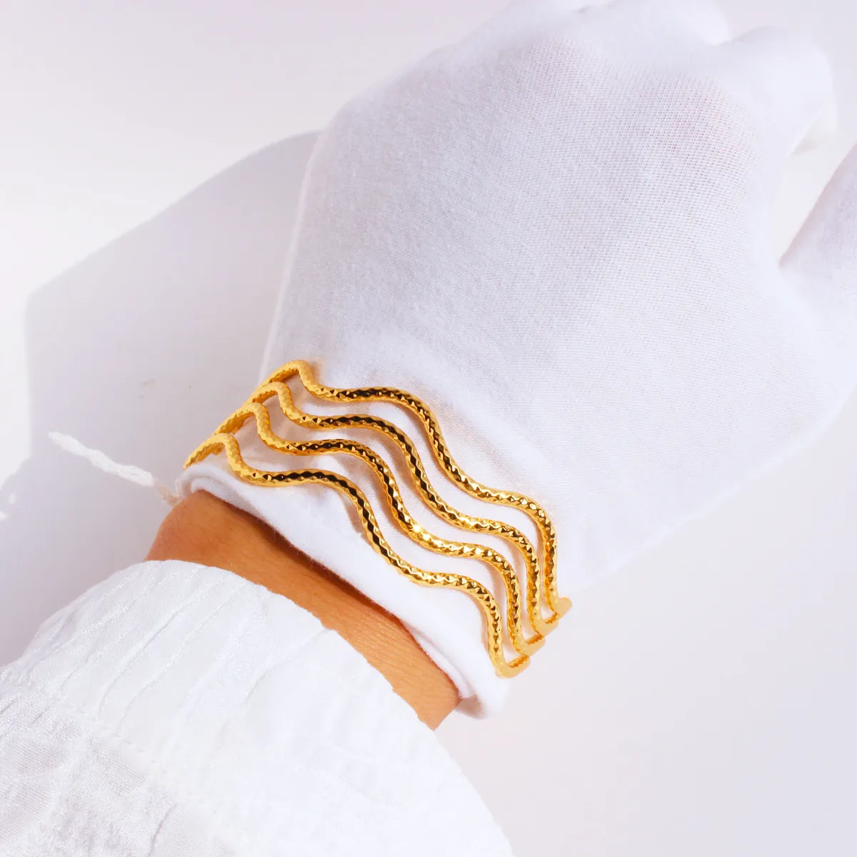 Brass Real Gold Plated Open Cuff Bracelet Multi Layer Wave Line Hammered Texture Geometric Wide Bangle Jewelry For Women