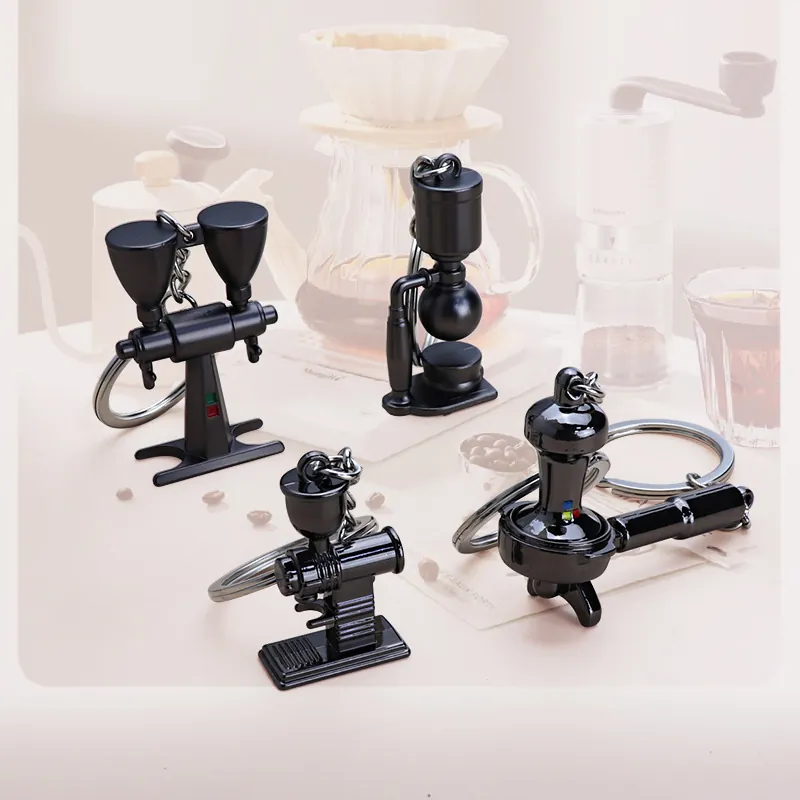 Miniature Coffee Equipment Keychains Zinc Alloy Realistic Moka Pot Grinder Tamper Portafilter Pendants Creative Gift For Baristas