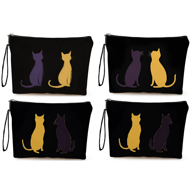 Cute Cat Silhouette Print Cosmetic Bag Canvas Polyester Zipper Makeup Pouch Travel Toiletry Organizer Stationery Case