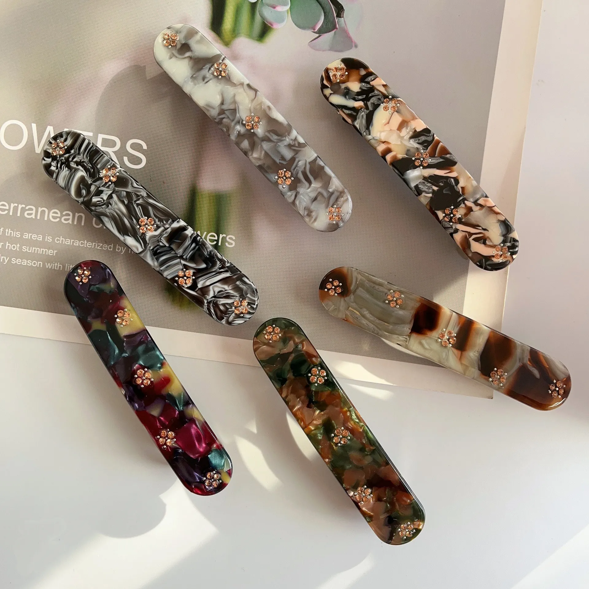 Acetate Hair Clip Marble Pattern Rhinestone Flower Spring Barrette Elegant Korean Style Headwear For Women Girls